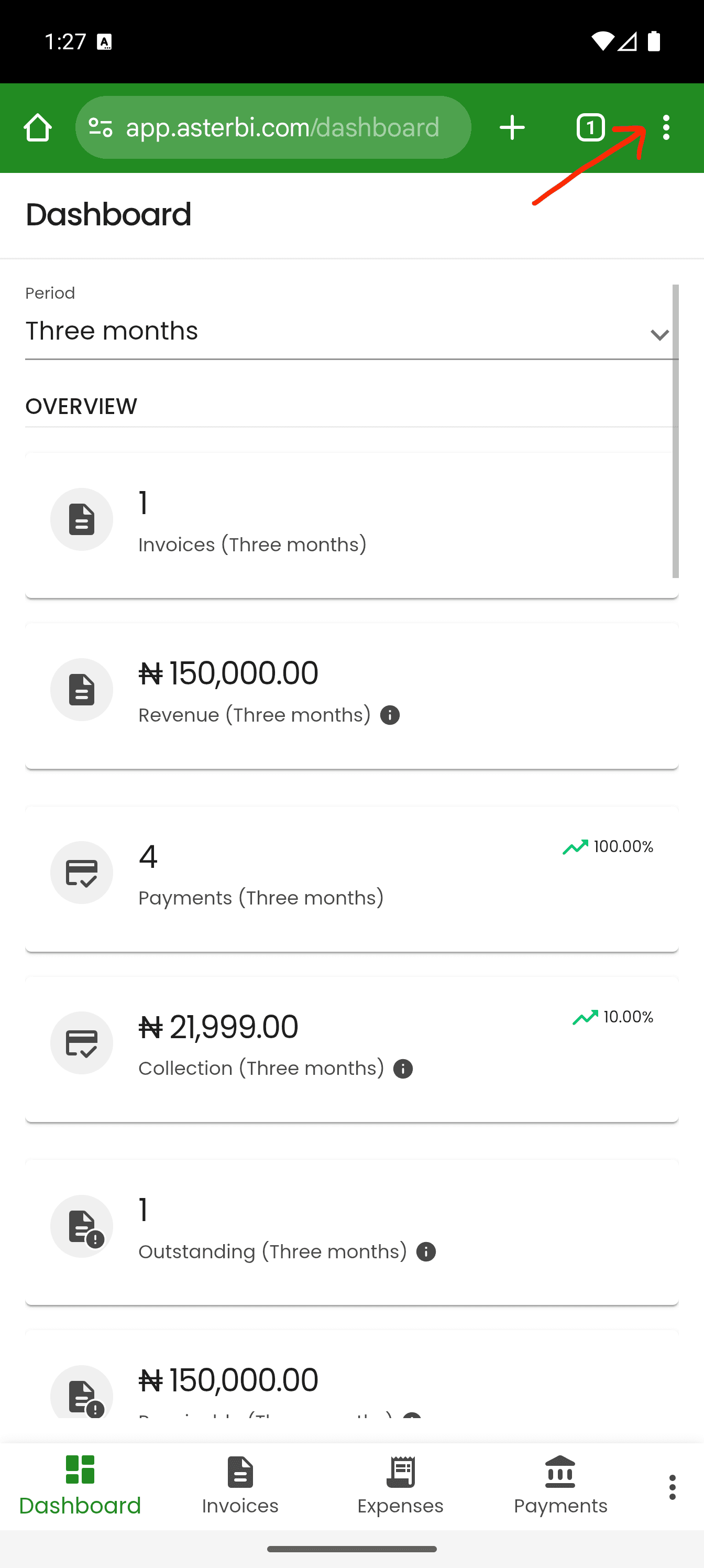 Android Chrome with the browser menu highlighted while viewing Aster BI.