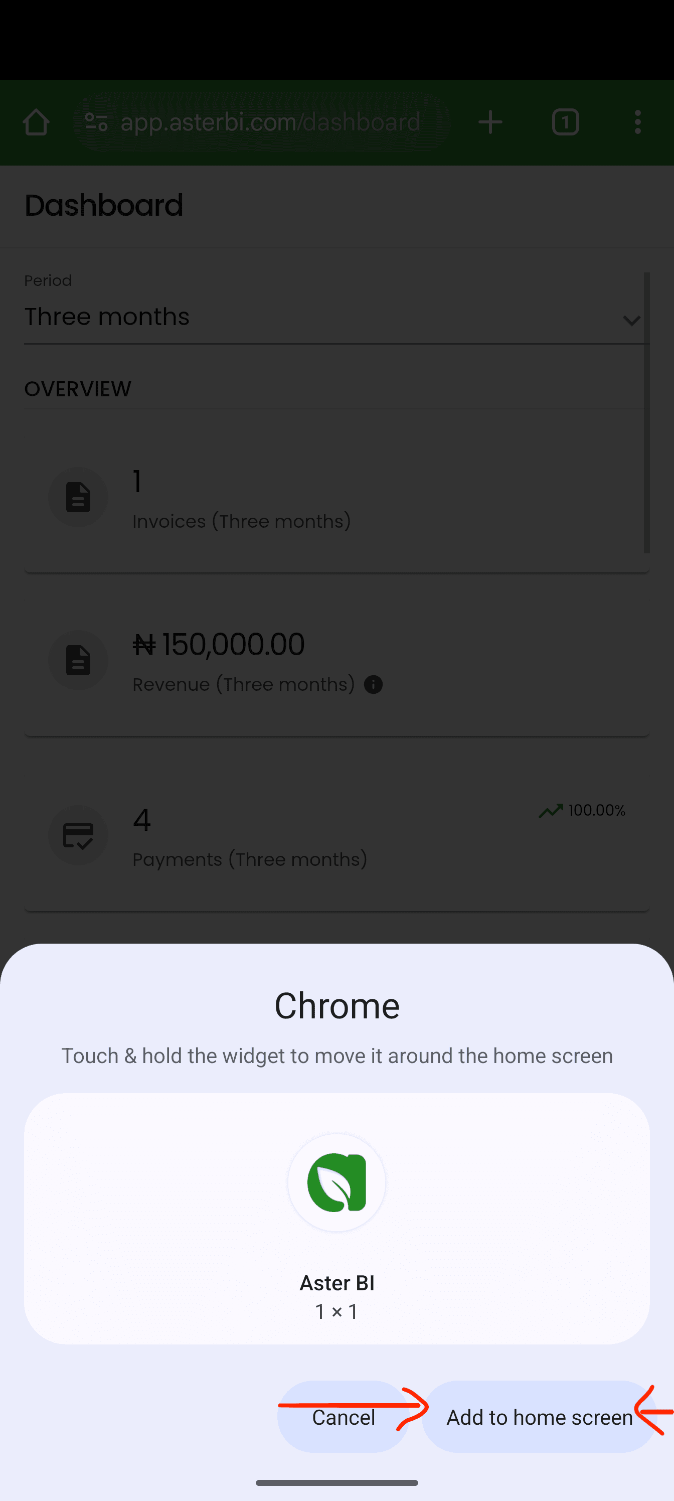Android add to home screen confirmation with Add to home screen highlighted.