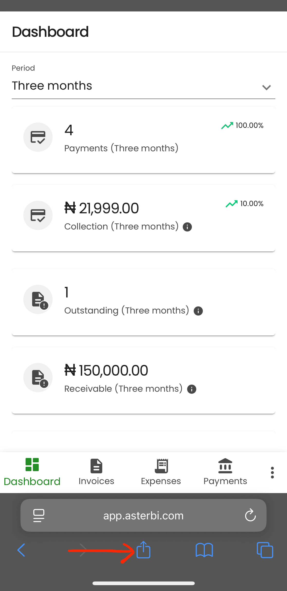 iPhone Safari with the Share button highlighted for installing Aster BI.