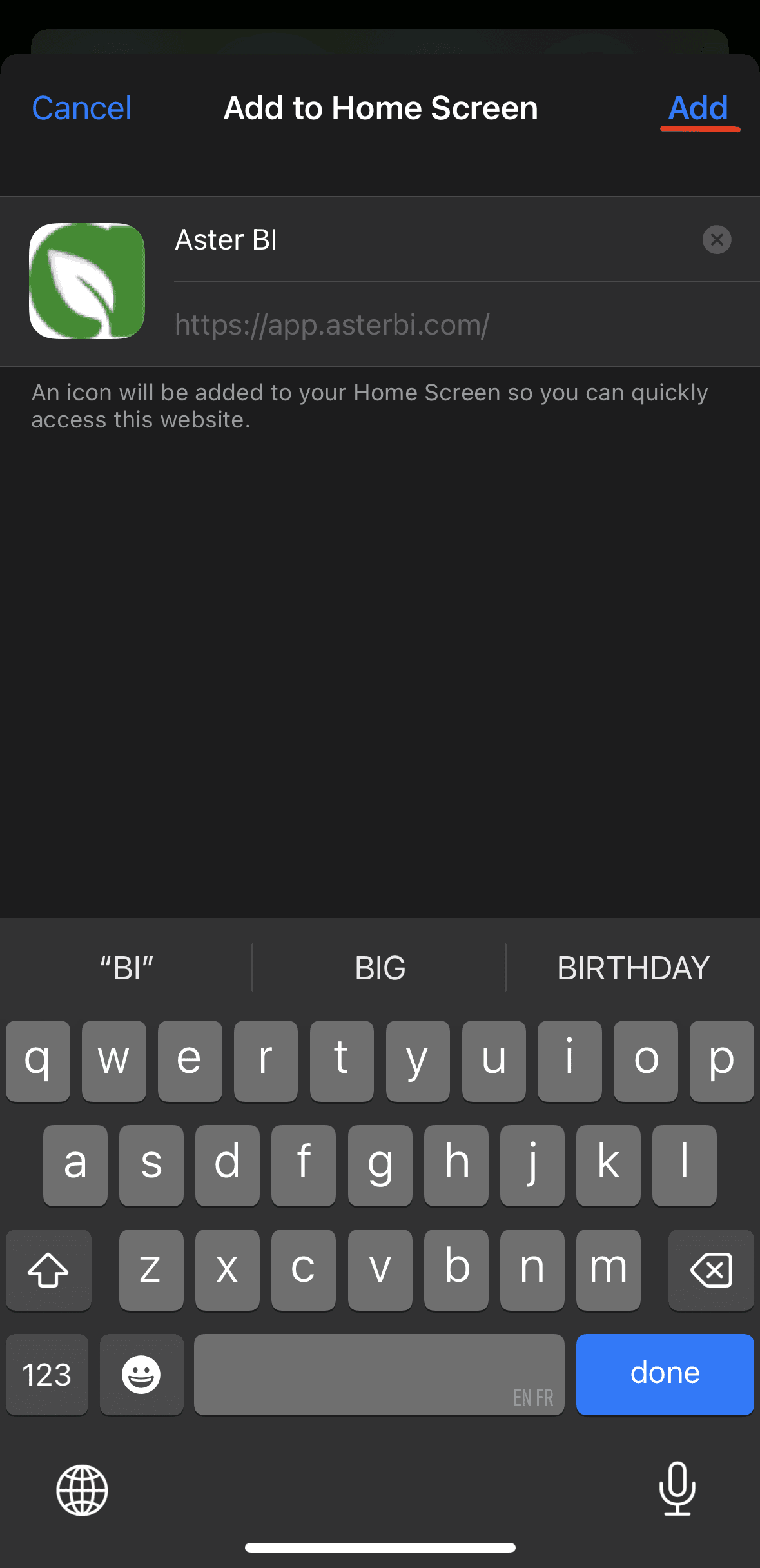 iPhone Add to Home Screen confirmation with the Add button highlighted.