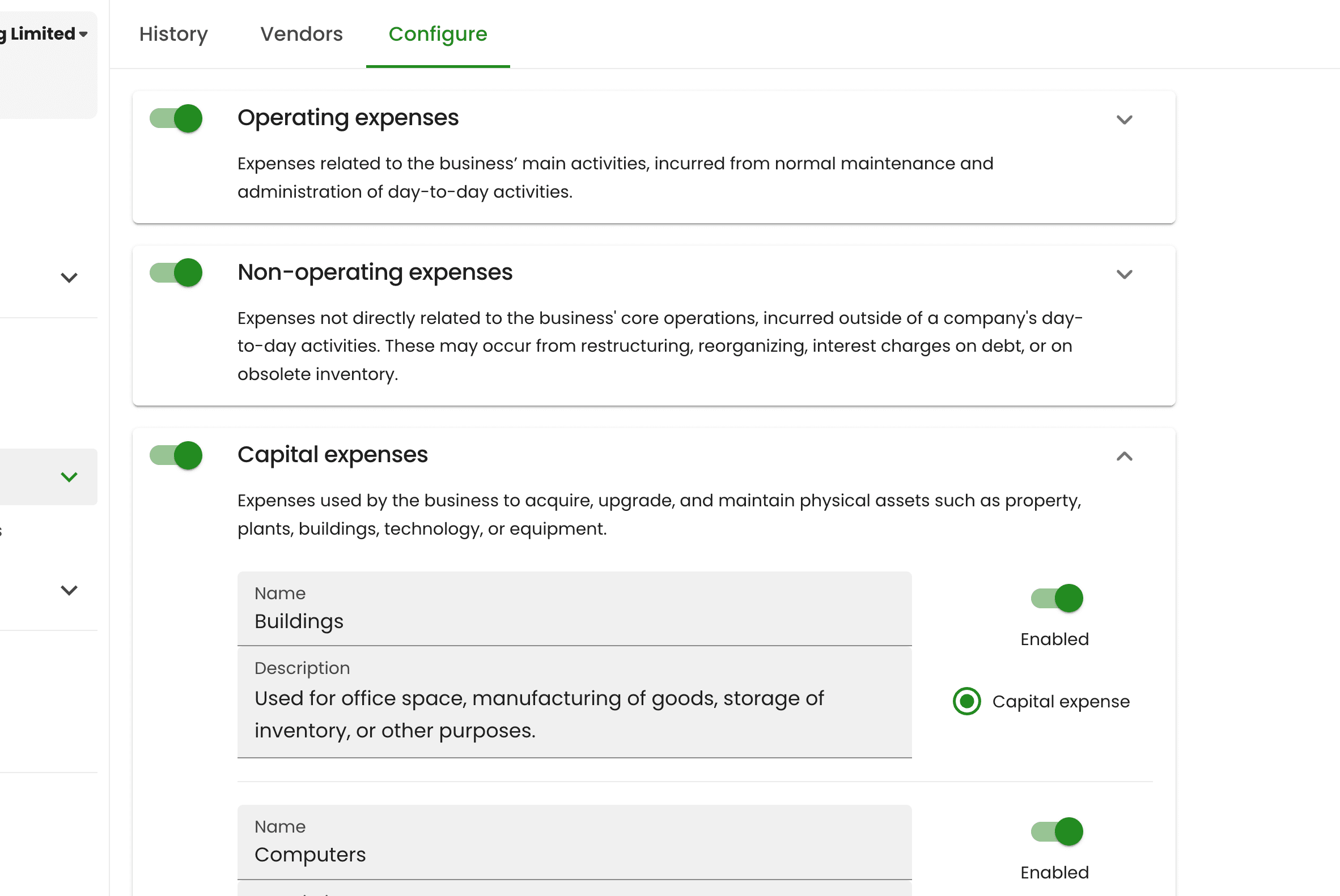 Expense categorisation config