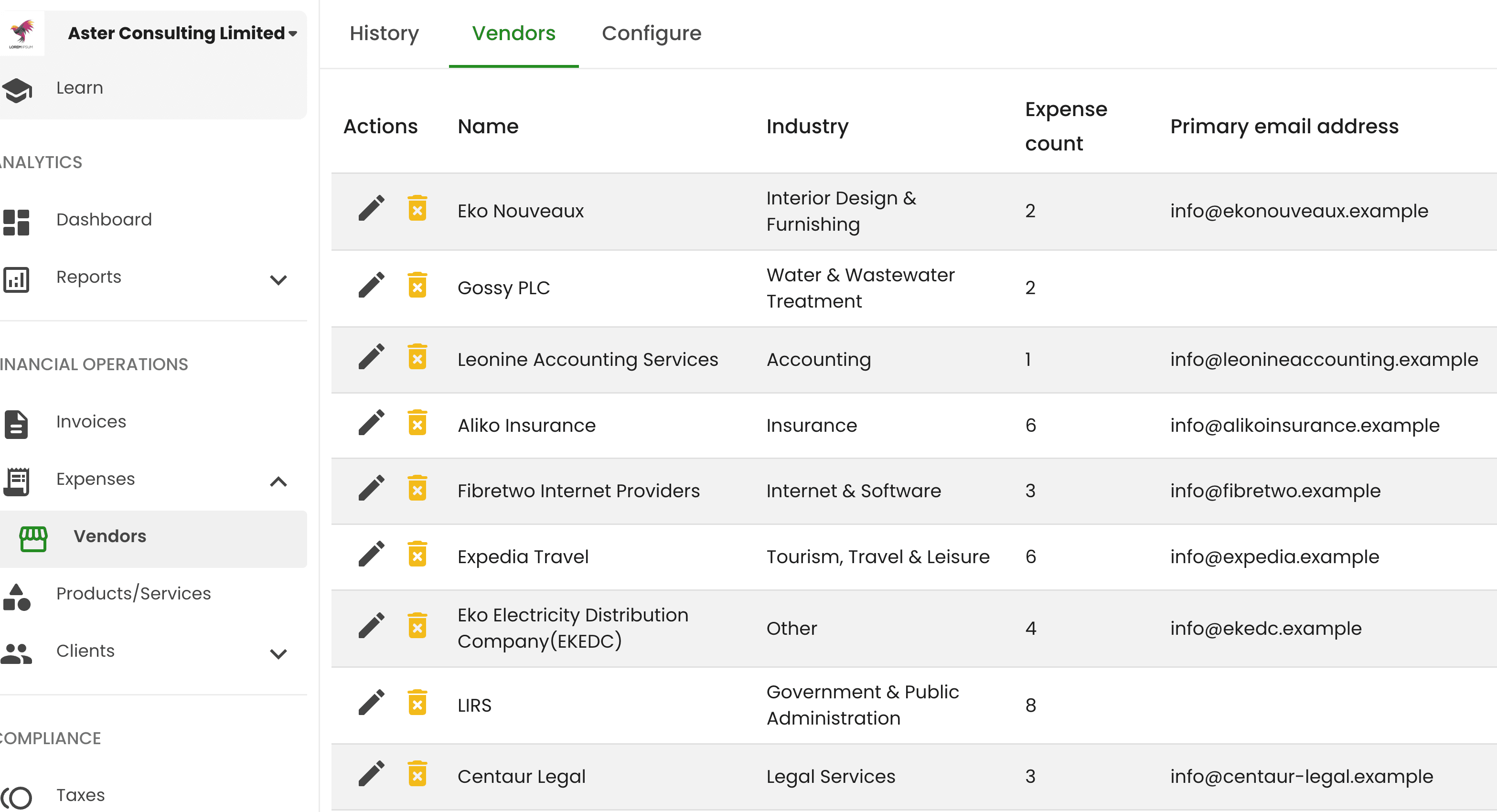 Expense vendor list