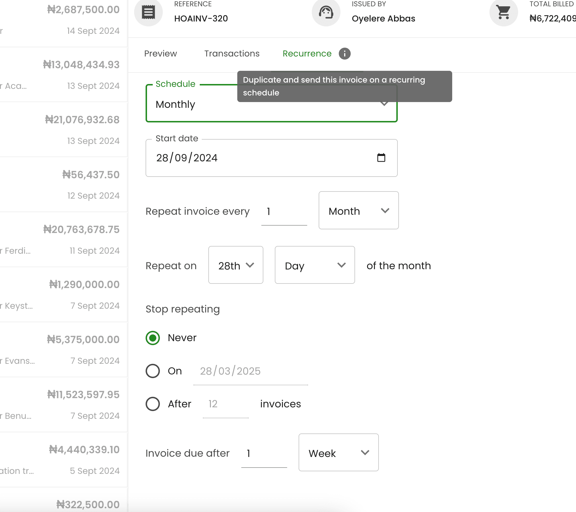 Invoice recurrence support